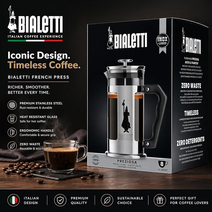 Bialetti Coffeepress French Press Coffee Maker, 8 Cup, Preziosa Stainless Steel (06852)