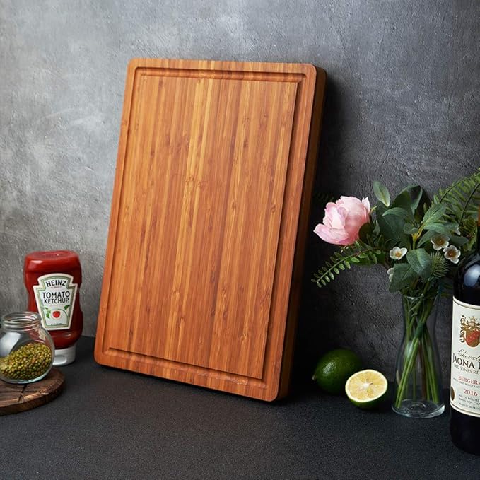 Allsum Large Wood Cutting Board for Kitchen, 1” Thick Bamboo Cheese Charcuterie Board, Butcher Chopping Block, with Juice Grooves and Handles