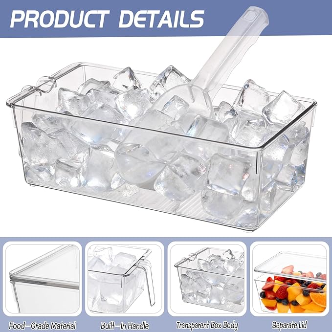 2 Set Ice Storage Bins for Freezer with Lid and Flexible Scoop, Transparent Plastic Ice Container with Pull-Out Handle Kitchen Food Storage Organizer for Home Office Fridge Kitchen