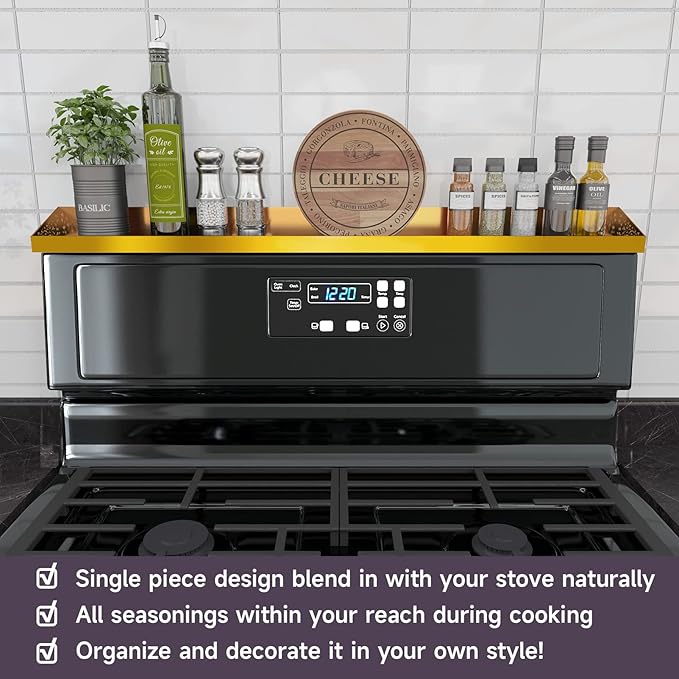 STUTOV 30" Magnetic Stove Top Shelf – Brushed Gold Spice Rack and Seasoning Organizer – Kitchen Shelf for Back of Stove – Over Stove Rack and Storage Organizer