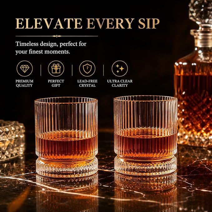 Vintage Whiskey Glasses Set of 12, 12 oz Crystal, Regular Packaging | Old fashioned, Ribbed Heavy Base design, Home Barware，Bulk Glassware, Rocks Cocktail Scotch Tumbler Bar Glasses Set