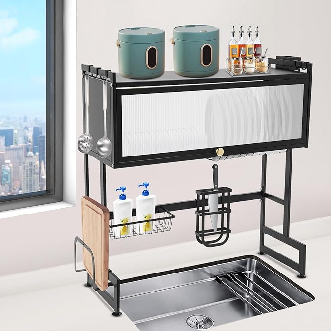 Over Sink Dish Drying Rack, Stainless Steel Dish Drainer Drying Rack Above Sink Storage Organization for Kitchen Sink Black