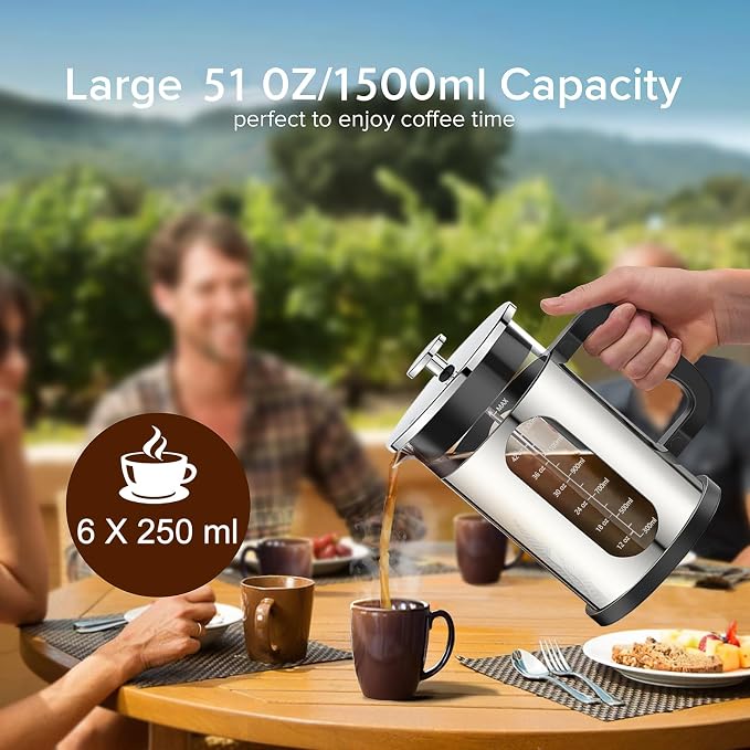 QUQIYSO French Press Coffee Maker 51oz 304 Stainless Steel French Press with 4 Filter, Borosilicate Glass Coffee Press