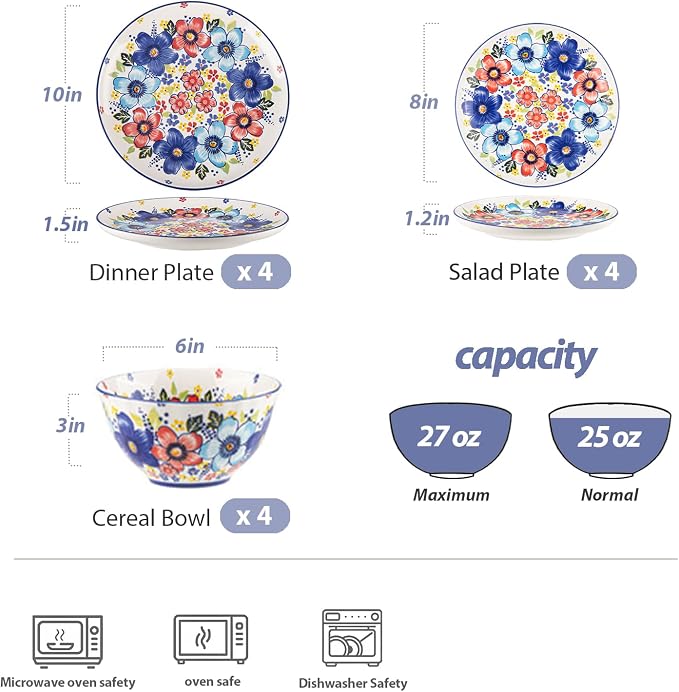 12-Piece Vibrant Floral Ceramic Dinnerware Set, Service for 4, Colorful Floral Plates and Bowls, Microwave & Dishwasher Safe, Bohemian Style Porcelain Dish Set