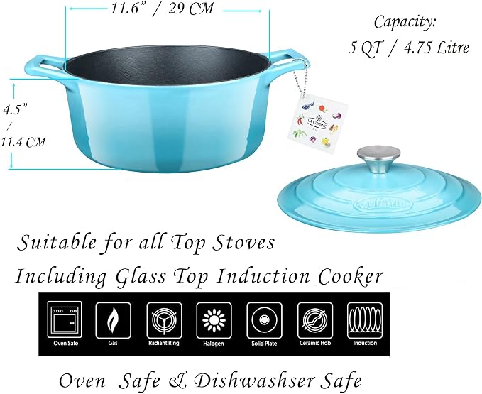 La Cuisine Enameled Cast Iron Oval Dutch Oven Casserole Pot with Lid 5 QT Internal Matte Black Enamel for bread baking, 2-ton Teal Enamel Coating Finish Exterior,Oven Safe up to 500° F