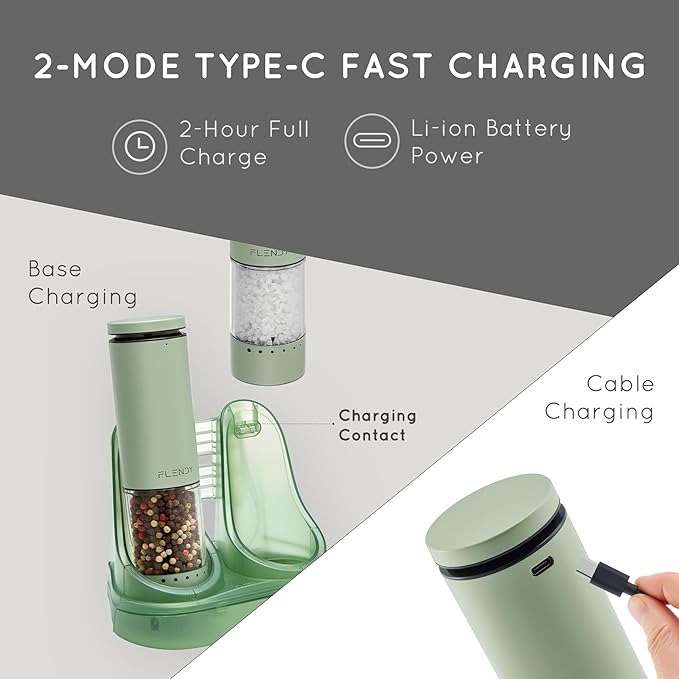 Flendy Electric Salt and Pepper Grinder Set Rechargeable, Automatic Salt and Pepper Grinder Set with Oversized Top Button, Stainless Steel Electric Salt and Pepper Shakers Set