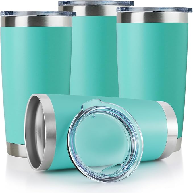 DOMICARE 20oz Stainless Steel Tumbler Bulk with Lid, Double Wall Vacuum Insulated Travel Mug, Powder Coated Coffee Cup, Light Blue, 4 Pack