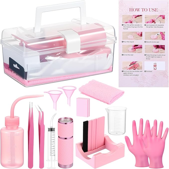 LemonRoad 15 Pcs Snow Globe DIY Tumbler Tool Kit Include Storage Box Squeeze Bottle Funnel Silicone Cup Cradle Measuring Cup Flashlight for Beginner Making Supplies Thanksgiving Day Gifts(Pink)