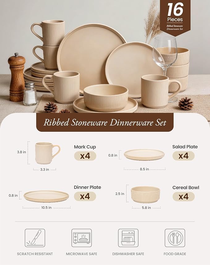 OTAGO 16-Piece Dinnerware Set for 4 with Mugs, Ribbed Stoneware Plates and Bowls Sets, Unique Handcrafted Reactive Glaze, Chip and Scratch Resistant Dish Set, Microwave & Dishwasher Safe, Yellow