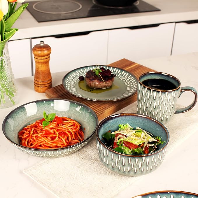 Dinnerware Sets 16 Pieces - Round Reactive Glaze Tableware - Kitchen Dinnerware Porcelain Crockery with Dinner Plate, Bowl and Soup Plate Service for 4, Microwave Dishwasher Safe, Set No.4