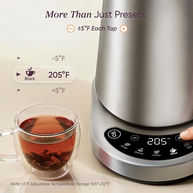 Cosori Stainless Steel Electric Kettle with Temperature Control, 1.7L | No Plastic Contact with Water, 5 Presets, ±5°F Temp Control, 60-Min Keep Warm, Dual Lid Opening, Tea, Coffee & Hot Water