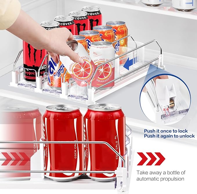 Soda Can Organizer & Dispenser for Refrigerator, Automatic Pusher Fridge Drink Organizer Holds up to 20 Cans Adjustable Width for Beer Beverage-4Row 15.3" D x 13.4" W