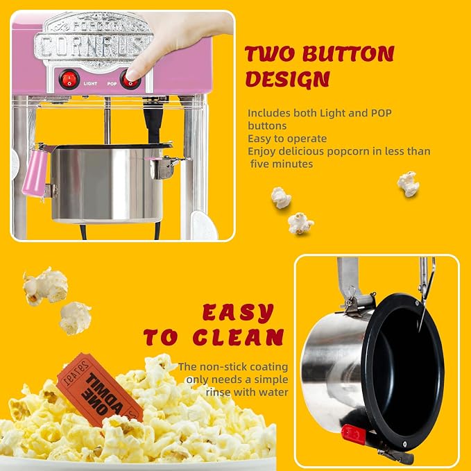 Popcorn Popper Machine-4 OZ Vintage Professional Popcorn Maker Theater Style with Nonstick Kettle Warming Light and Serving Scoop. (Pink)
