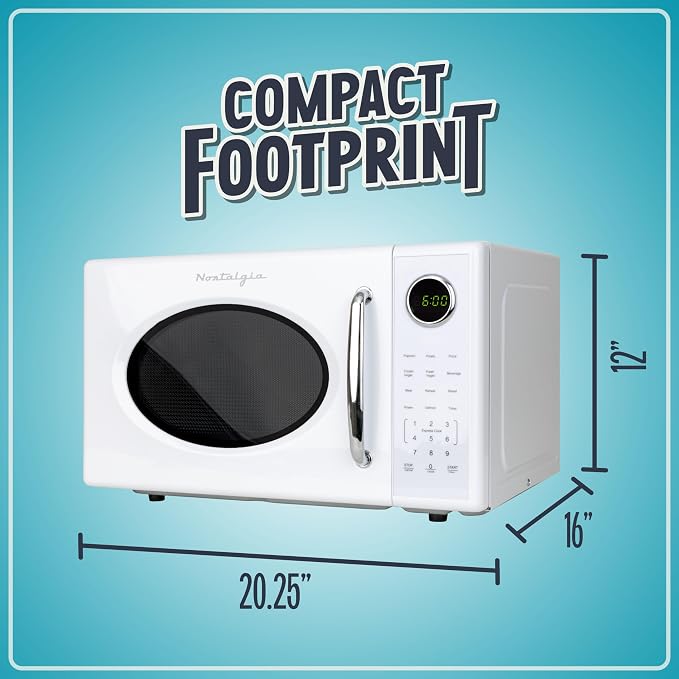 Nostalgia Retro 1000W Microwave Oven 1.1 Cu Ft Capacity – Child Safety Lock, 8 Auto-Cook Settings – Countertop Kitchen Appliance – White