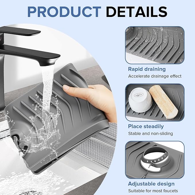 Kitchen Sink Faucet Mat,30in New Foldable Faucet Mat for Kitchen Sink, Adjustable Waterproof Splash Guard Draining Mat,Keep Countertops Dry ((Gray,29.9" x 5.7)