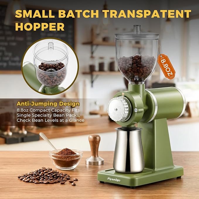 Electric Burr Coffee Grinders for Home Use, 8 Adjustable Settings Stainless Steel Flat Burr, Quiet Low Static Design for Espresso Pour Over French Press, Cream Style Green