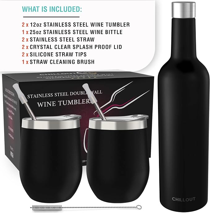 CHILLOUT LIFE 12 oz Stainless Steel Wine Tumblers 2 Pack & 1 Insulated Wine Bottle - Double Wall Vacuum Insulated Wine Glasses Cups with Lids and Straws Set Keeping Cold & Hot Gift Set