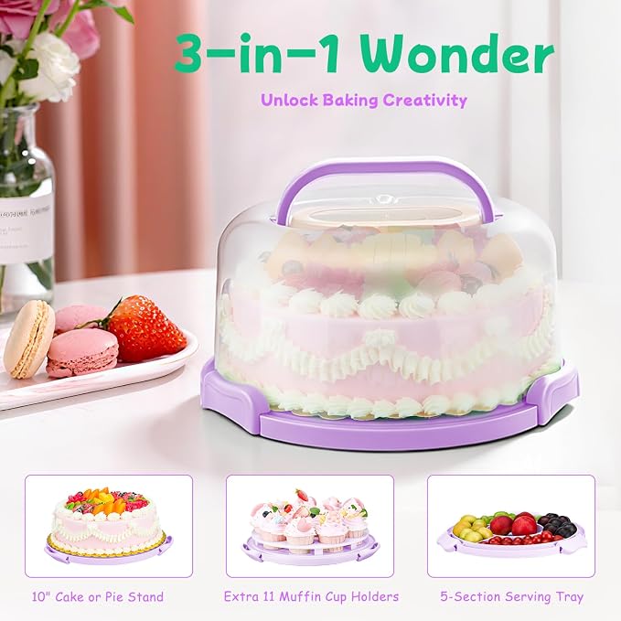 Cake Carrier With Lid And Handle, Bpa-Free Cake Holder With Lid For 10 Inch Round Cake Carrier With 10 pcs Round Golden Cake Boards And Portable Insulated Bag（Purple）