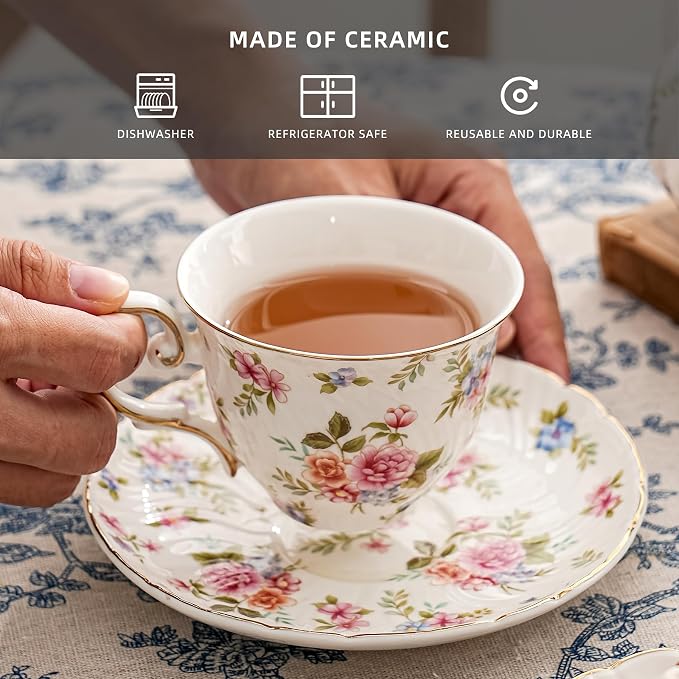 Agyiuns tea cups and saucers ceramic coffee mug 6oz for Coffee, Latte, Cafe Mocha and Tea-Set of 4, white with flowers