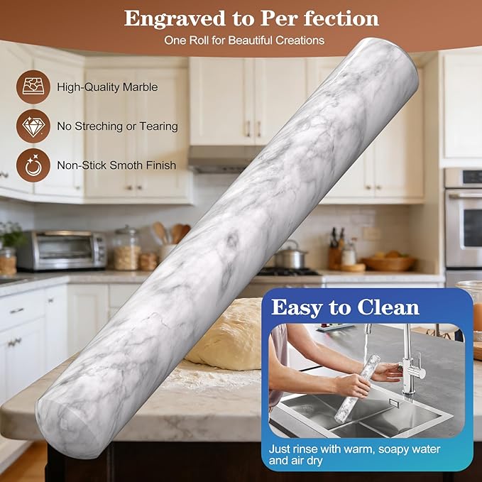 Marble Rolling Pin with Wooden Stand, FiiMan 12 Inch Heavy Rolling Pin for Dough, Stone French Polished Non-Stick Roller Pins For Baking Cookie Pizza Pastry (White)