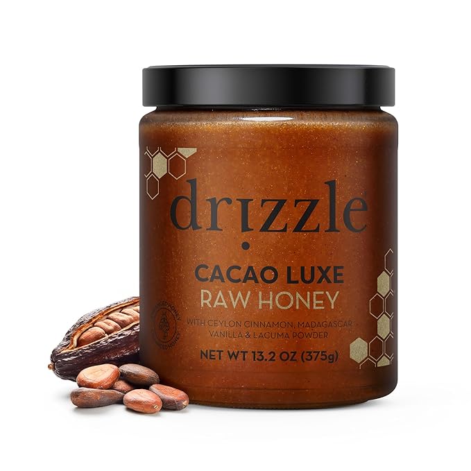 Drizzle Cacao Luxe Raw Honey - All Natural Pure Raw Honey with Organic Cacao, Unfiltered & Unheated, Use in Tea & Coffee, Sugar Substitute, Certified Kosher - 13.2 oz Jar (375 g)