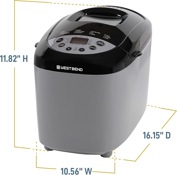 West Bend Hi-Rise Bread Maker Machine Programmable 12 Programs Including Gluten Free & 3 Loaf Sizes and Crust Colors with Traditionally-Shaped Horizontal Bread Pan with Dual Knead Blades, 3-Lb, Gray