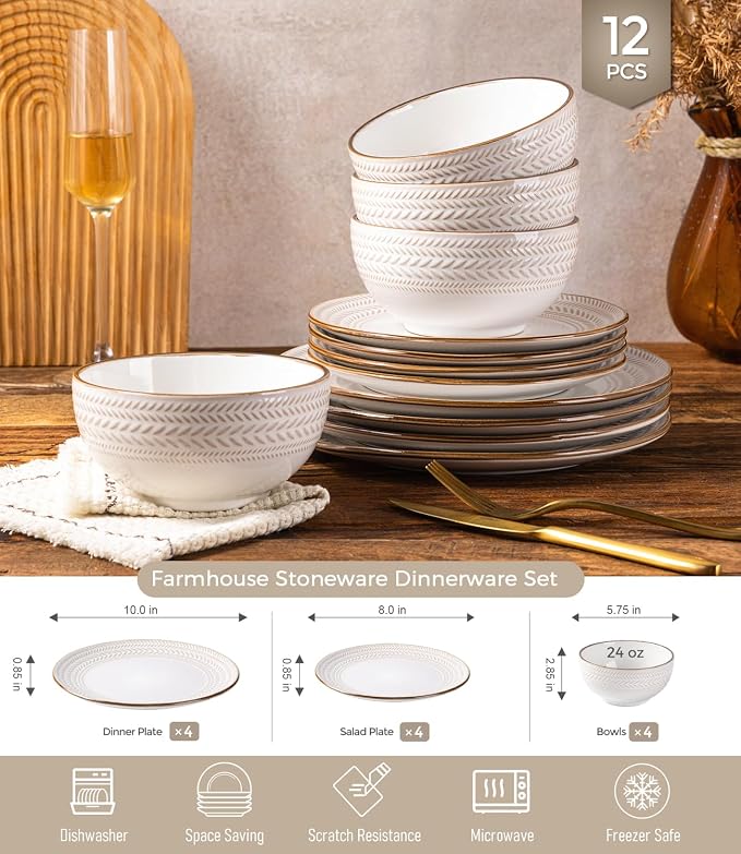 GBHOME Dinnerware Sets for 4, Farmhouse Style Stoneware Plates and Bowls Sets, 12 Pieces Embossed Scratch Resistant Dishes, Dishwasher & Microwave Safe, White