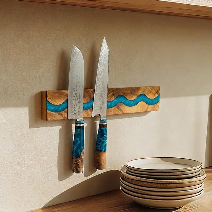 Magnetic Knife Holder, 15.7 Inch Walnut Wood and Resin Magnetic Knife Bar for Wall, Heavy Duty Magnet Holds 8 Knives, Handcrafted Ocean Blue (Ocean's Embrace)