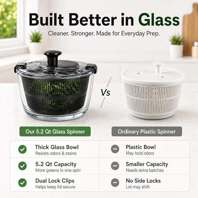 Large 5.2 Qt Glass Salad Spinner Vegetable Dryer with Drain Microwave Safe Dishwasher Safe with Transparent Lid Crank Handle Quick Spin Greens Washer for Lettuce Herbs Fruits (black)