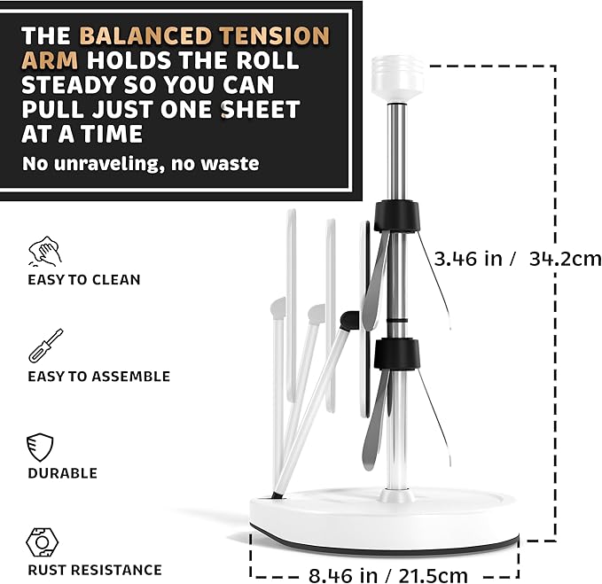 Stainless Steel Tension Arm Paper Towel Holder - Easy One-Handed Operation - This Sturdy Weighted Paper Towel Dispenser Countertop Model Has Suction Cups and Holds All Paper Towel Rolls (White)