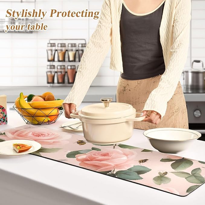 Pastel Pink Rose and Honeybees Trivet Table Runner Heat Resistant 230F for Hot Dishes Pots Plates Kitchen Dining Table Protector Decorative 39.37 X 11.8 Inch