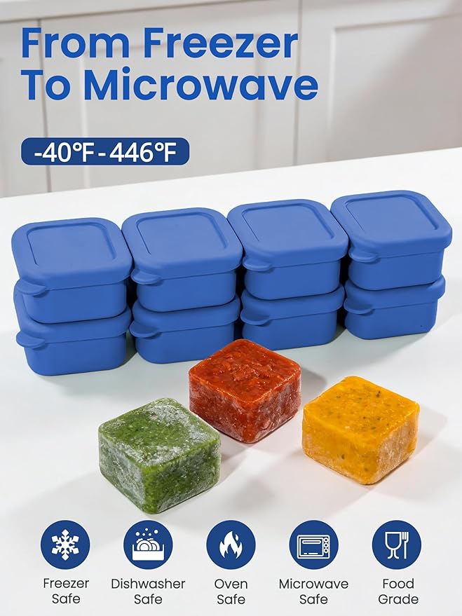 8 Pcs 1/2 Cup Silicone Freezer Molds With Lid, Silicone Freezer Trays for Sauce and Food Storage, 1.7x2.95x2.95'' Ice Cubes Molds, Small Portion Containers for Nuts, Snacks, Dessert (Blue)