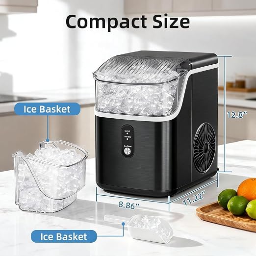 Antarctic Star Nugget Ice Maker Countertop, Chewable Pellet Ice Machine with Self Cleaning Function, Pebble Portable Ice Maker with Ice Scoop for Home Kitchen Office (Black)