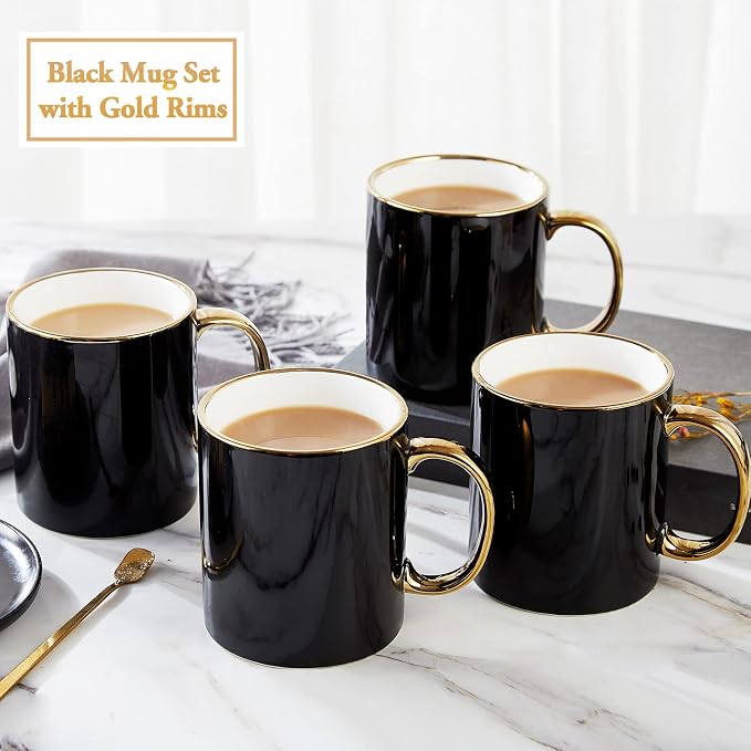 DUJUST Black Coffee Mug Set of 4(16oz), Modern & Stylish Design with Handcrafted Golden Trims, Black and Gold Cup Set for Coffee, Tea & Milk, Beautiful & Graceful Top Fine Porcelain Cups