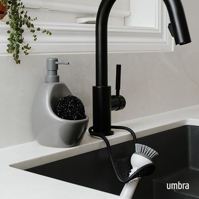 Umbra Joey, Matte Ceramic Liquid Soap Dispenser with Sponge Caddy, Ideal for Kitchen or Bathroom Use, Charcoal