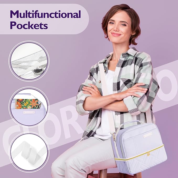 Double Deck Lunch Box Bag Women - Vegan Leather Insulated Waterproof Leakproof Cooler for Work Travel Picnics - Teacher Mothers Day Christmas Birthday Gifts