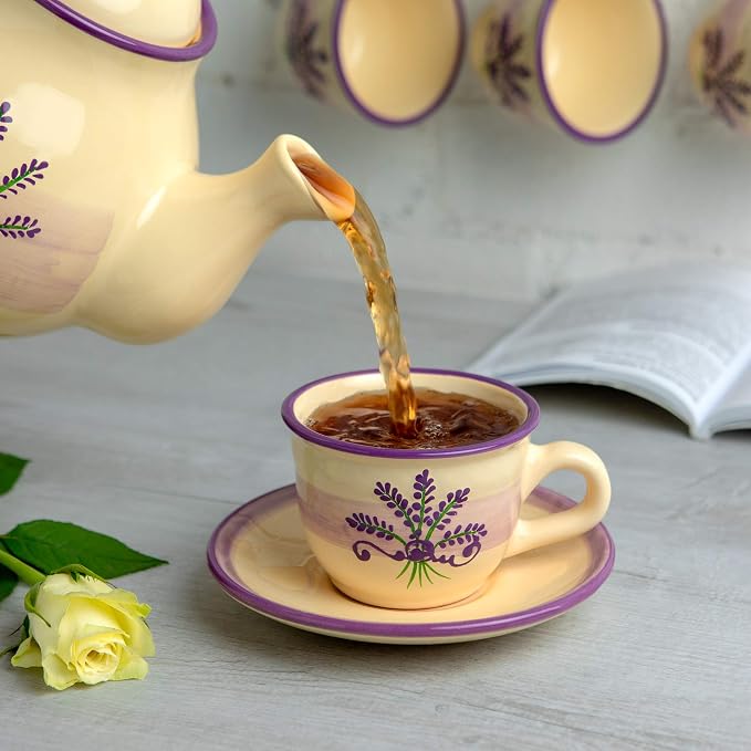 City to Cottage Handmade Lavender Floral Purple And Cream Ceramic 8.4oz/250ml | Cappuccino, Coffee, Tea Cup and Saucer, Unique Designer Pottery for Tea Lovers