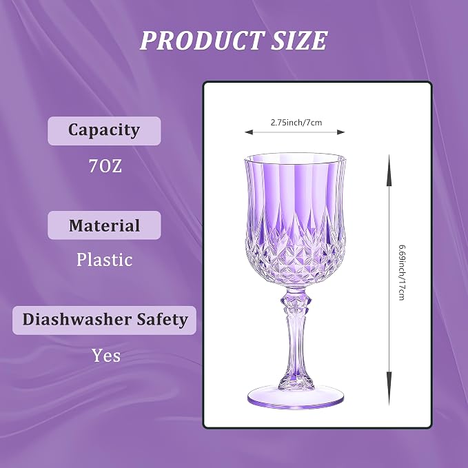 7OZ Plastic Wine Glasses, Reusable Vintage Goblets Unbreakable Drinking Glasses Crystal Water Cups Champagne for Wedding, Parties (24, Light Purple)
