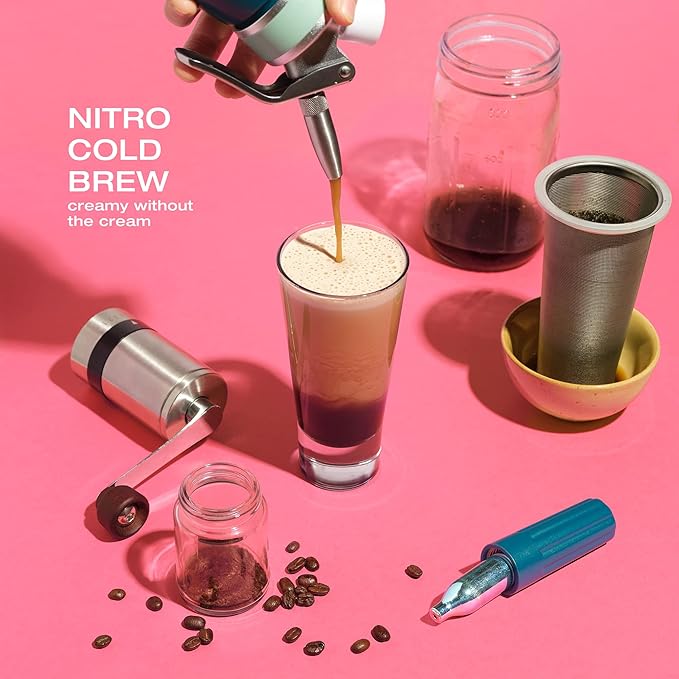 1L Nitro Coffee Maker, Aluminum Nitro Cold Brew Coffee Maker with Special Nitro Diffuser Nozzle & Cold Brew Maker with Cold Brew Mason Jar, 1 Quart/1L