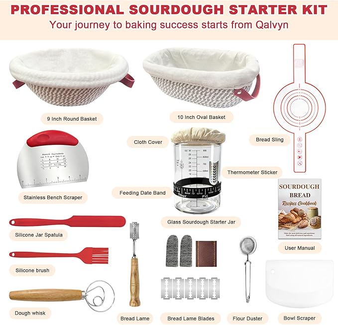 Sourdough Bread Baking Supplies, Sourdough Starter Kit with Cotton Rope Oval & Round Bread Proofing Basket and Sourdough Starter Jar, Artisan Bread Making Kit Ideal Gift for Bakers, Women Wife Mom Red