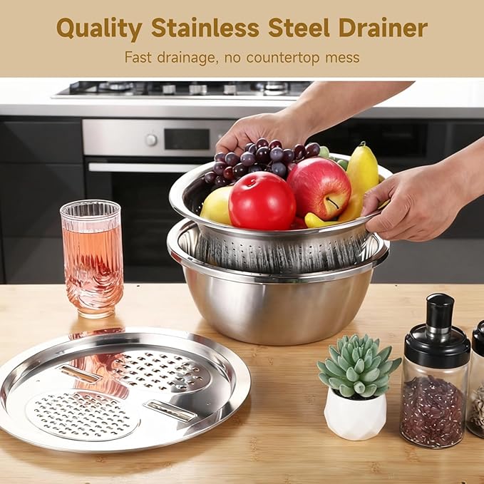 Multifunctional Stainless Steel Basin with Grater, 11 Inch Salad Maker Bowl, Vegetable Slicer Shredder Colander, Stainless Steel Grater Bowl Set for Kitchen