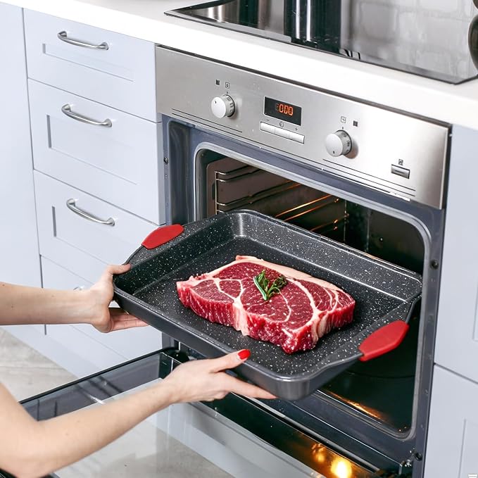 Anveena 3-Piece Nonstick Kitchen Oven Baking Pans - Premium & Stylish Non-Stick Steel, Commercial Grade Restaurant Quality Metal Bakeware with Red Silicone Handles - Easy to Clean black
