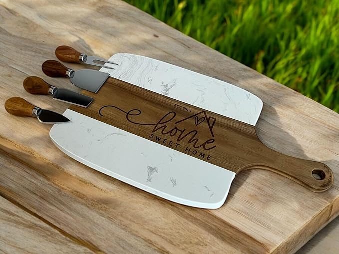 Personalized Marble Charcuterie Board with Serving Tools - New Home Gift, Unique Wedding Gift, Real Estate Closing Gifts - Natural Acacia Engraved Charcuterie Board (Closing Gift)