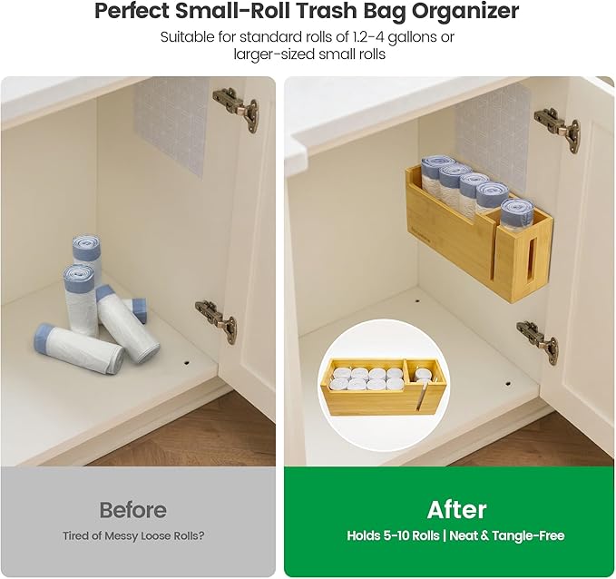 Libreshine Bamboo Trash Bag Dispenser & Holder 1.2–4 Gallon, No-Drill Adhesive Wall Mount & Cabinet Door, Fits Up to 3.3” Diameter Rolls, Mini Garbage Bag Organizer for Kitchen Under Sink