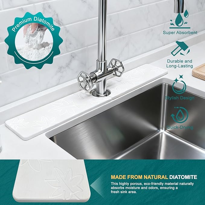 Hopegiver Stone Faucet Mat for Kitchen Sink - Fast Drying Diatomite Sink Protector Prevent Moisture, Super Water Absorbing Stone Tray for Kitchen & Bathroom Counter (White Maple Leaf, 23.6"x3.9")