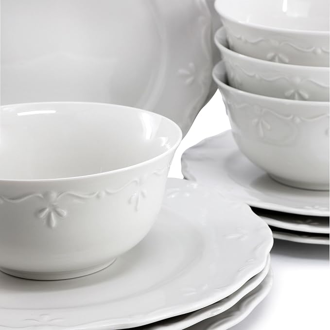 Elama Henryi 16 Piece Embossed Rim Detail Porcelain White Dinnerware Set, Tableware Set, Serveware (16 Piece)