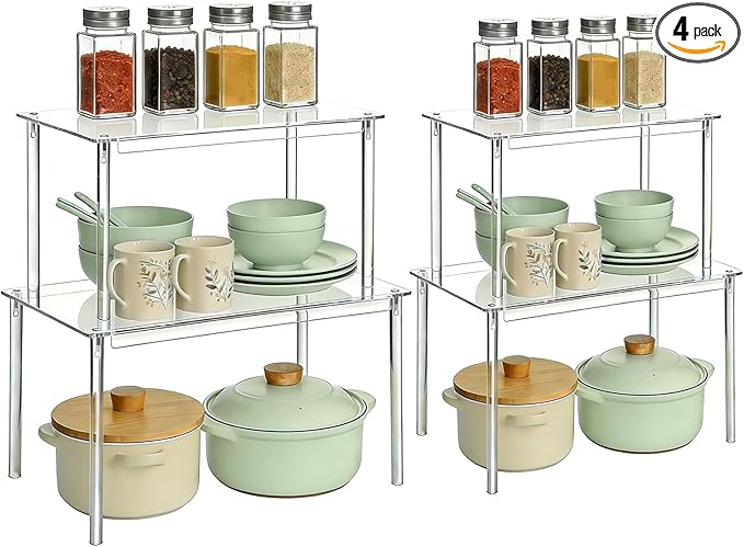 Clear Acrylic Cabinet Organizer, 4-Pack Stackable Shelf Riser for Kitchen Pantry & Countertop, Tiered Spice Rack Organizer for Cabinets, Dishes, Spices & Storage