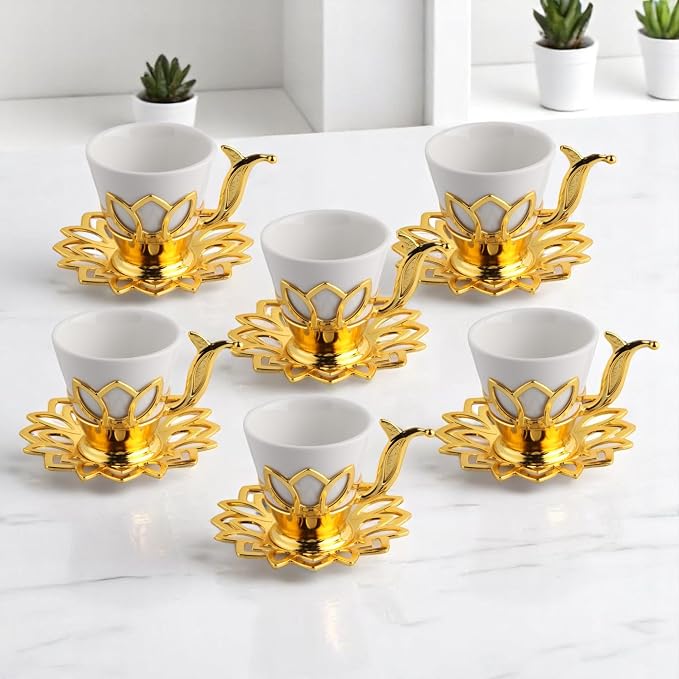 Alisveristime (Set of 6) Turkish Coffee Set with Porcelain Cups, Zamac Holders & Saucers – 80ml Capacity, Ottoman Motif, 4 Color Options (Gold)