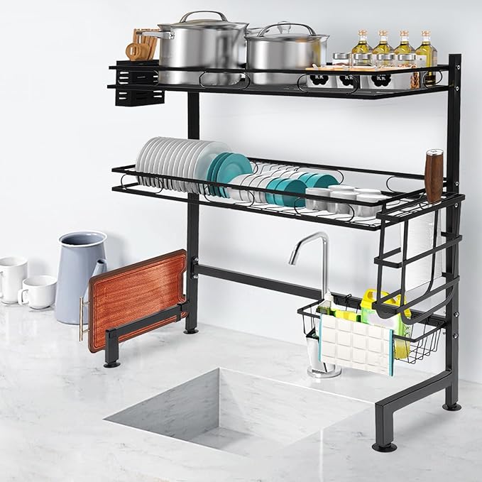 Over The Sink Dish Drying Rack, 2-Tier Multifunctional Over The Sink Dish Rack, Large Storage Space Kitchen Dish Drying Rack for Storing Seasonings, Dishes, Chopsticks, Cutting Boards (24.41in‎)