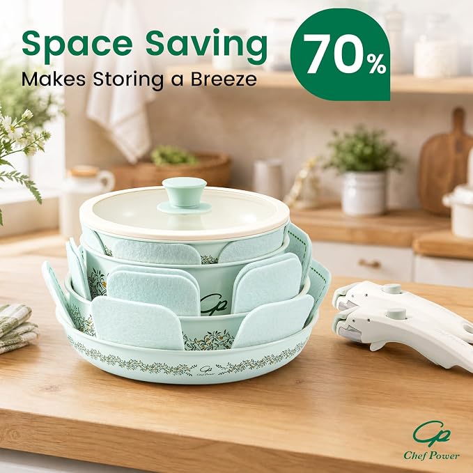 Chef Power Ceramic Cookware Set Non Toxic with Detachable Handles, Healthy Nonstick Decal Pans and Pots Set 14 Pcs, Induction Dishwasher Oven Safe Kitchen Set, Light Green with Olive branch